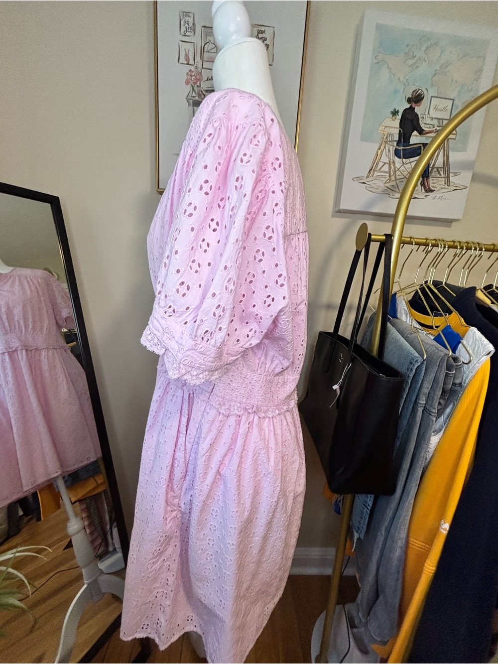 J. Crew Pink puff sleeve eyelet mini dress size 14 100%Cotton - Picture 2 of 9